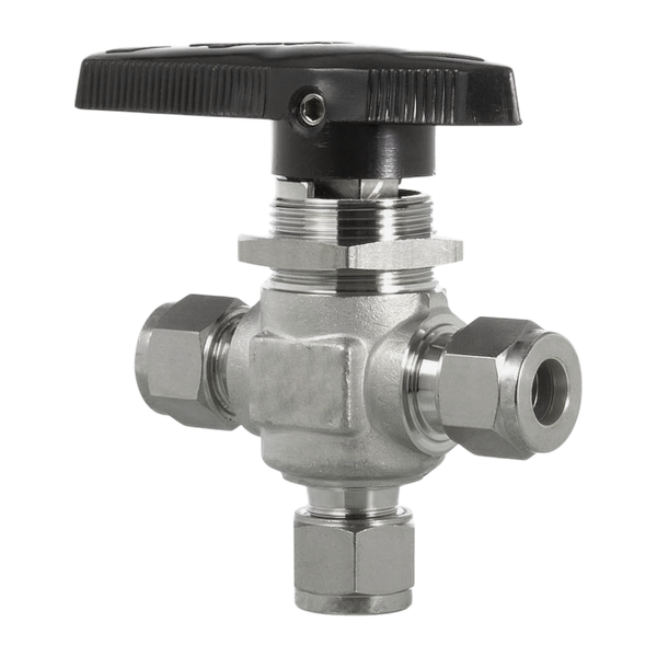 Кран шаровый обжимной трехходовой серия 112, ( об.вр.Д 1/2" x об.вр.Д 1/2" ), PTFE, 103PN