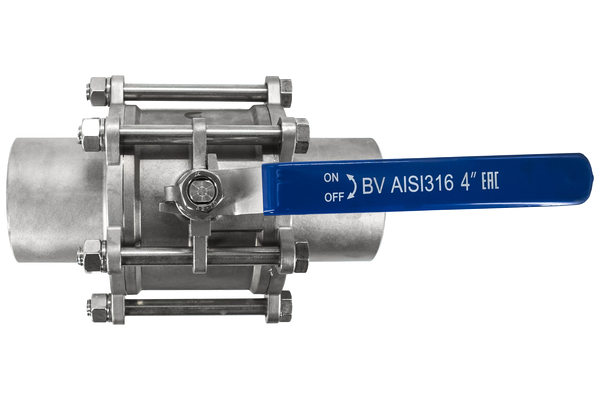 Кран шаровый приварной трехсоставной нержавеющий (3PC), AISI316 DN 100 (4"), (CF8M), PN16